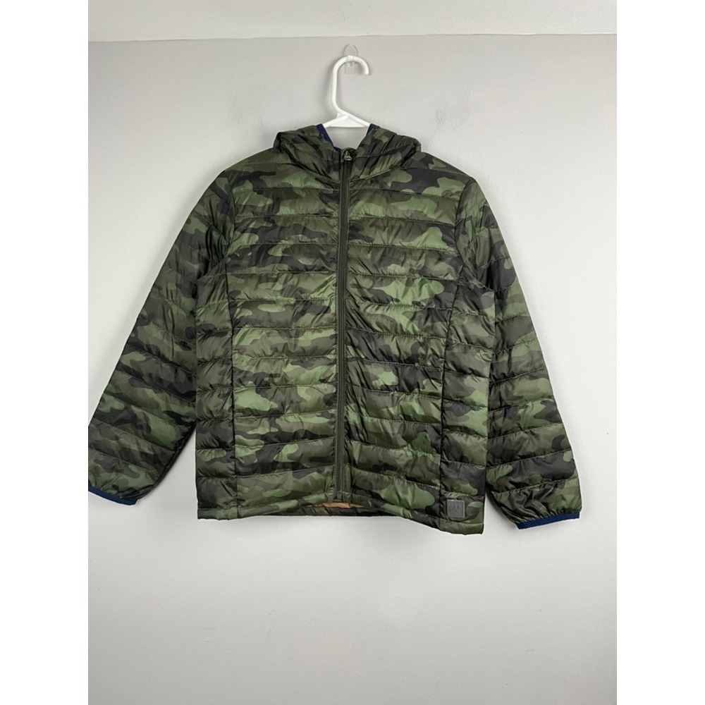 GAP Kids Large Camo Puffer Jacket Hooded Lightweight Zip Up Green‎ Camouflage